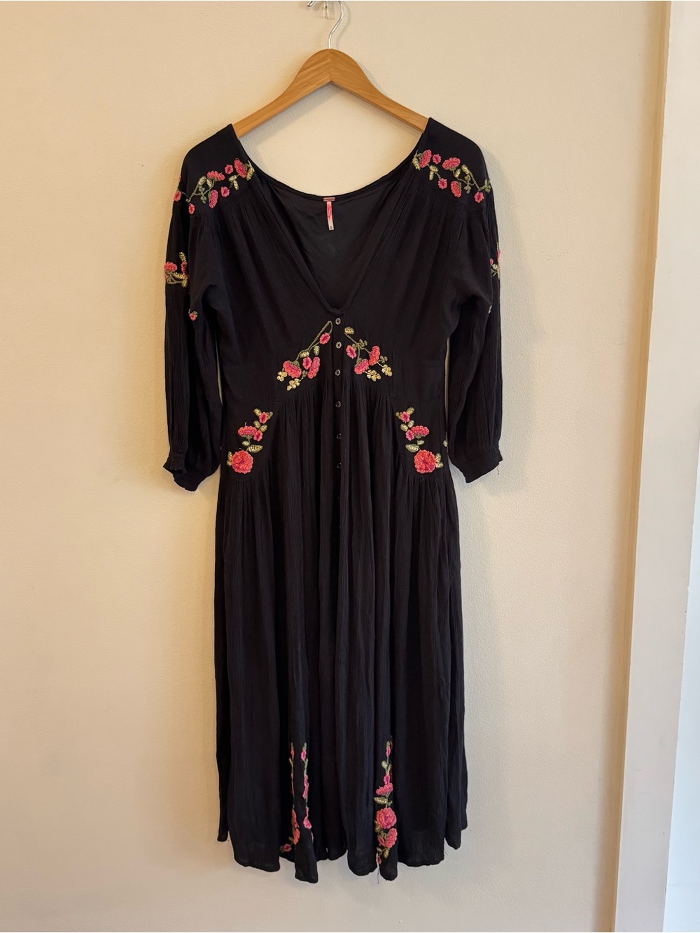 Black Free People Dress with Pink Floral Embroidery